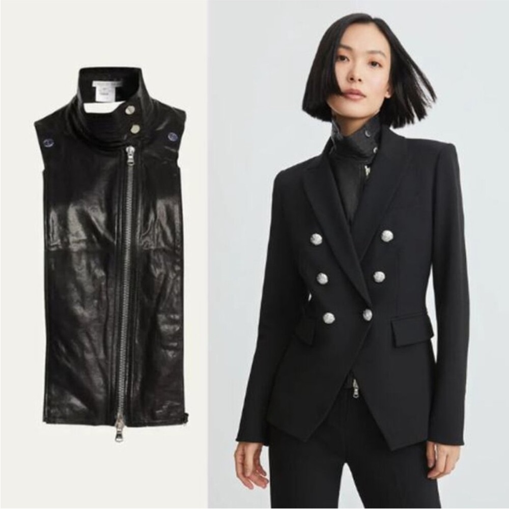 $550 Veronica Beard black 100% leather Moto silver zipper Dickey Jacket insert